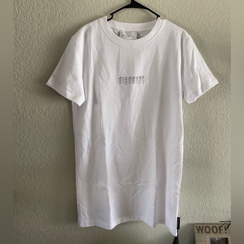 John Richmond White Tshirt Fleece Dress with Rhinestone Logo - Sz M - New w Tags